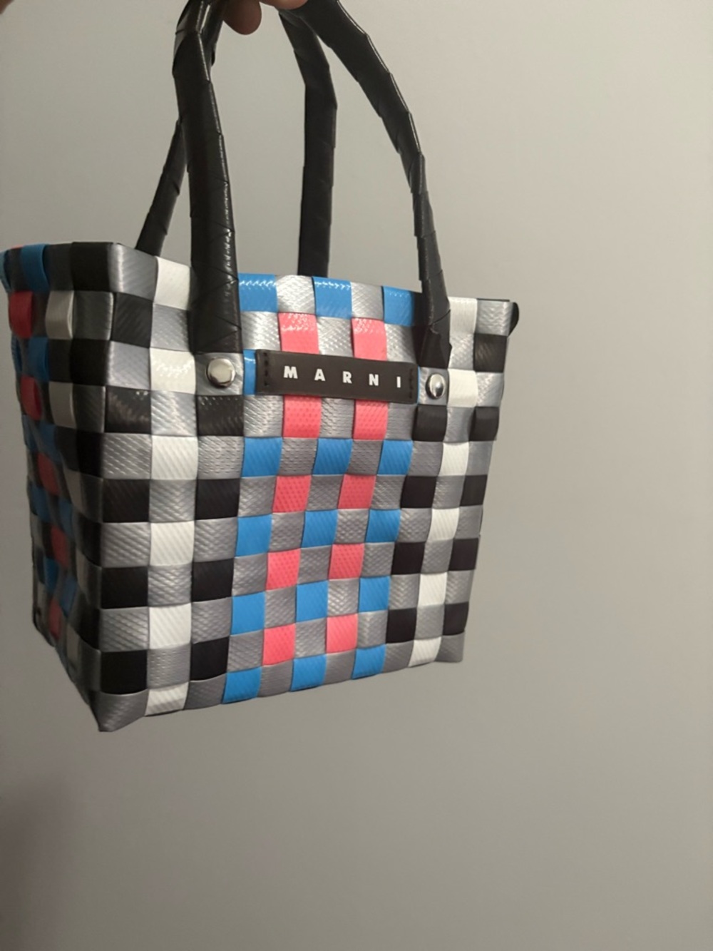 Marni Multicolor Woven Tote Bag - Black, White, Blue & Pink